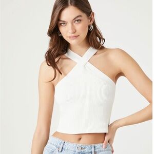 SWEATER-KNIT CRISSCROSS CROP TOP/Pink/M/L